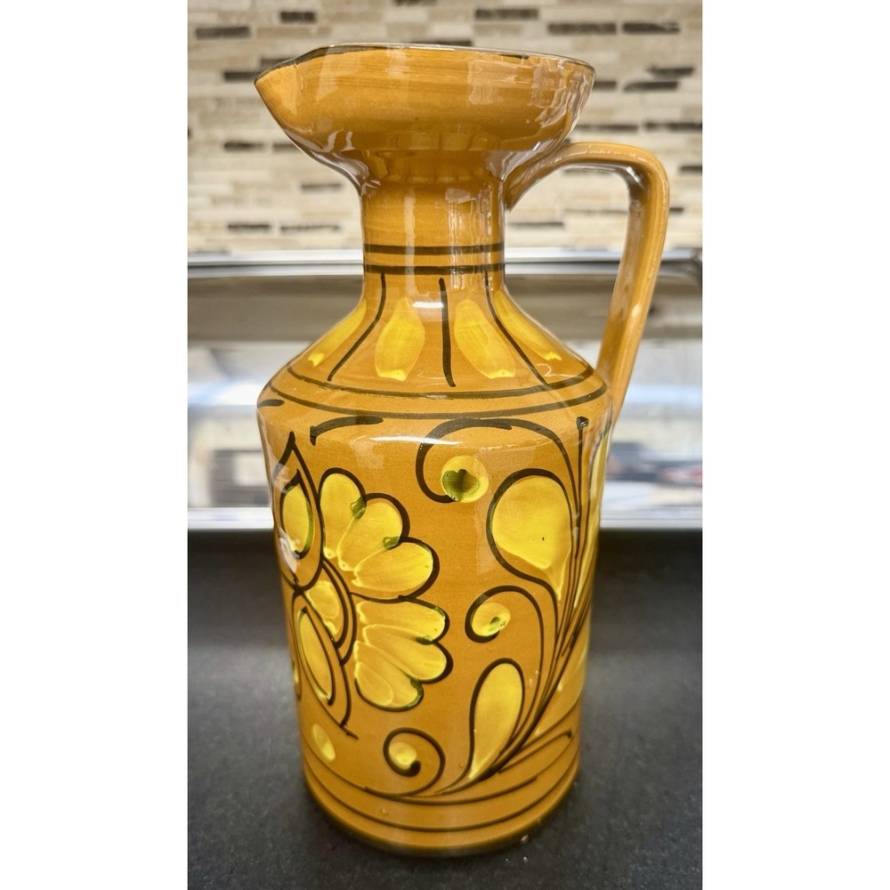 MCM Vintage Italy Art Pottery Pitcher Mustard Yellow Floral Design
